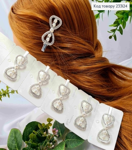 Заколка стрела металл "Бантик" с камешками и жемчужинами, 6*2,5см, Серебряного цвета. 233124 фото 1