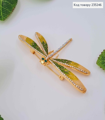 Брошь металл, "Стрекоза", зеленого цвета, в камнях 4*8см 235246 фото 1