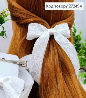 Бант Белого цвета, на заколке 5,5см, ткань атлас + кружево, 9,5*12см, ручная работа 272494 фото