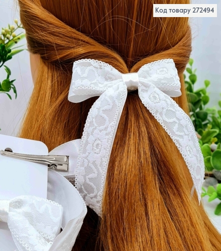 Бант Белого цвета, на заколке 5,5см, ткань атлас + кружево, 9,5*12см, ручная работа 272494 фото 1