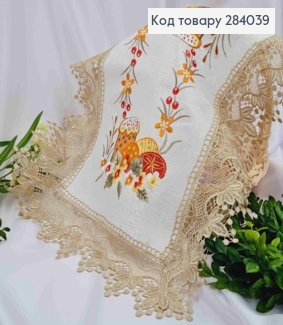 Великодня серветка, з коричневим мереживом "Паска з писанками в квітах", квадратна 40*60см 284039 фото