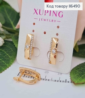 Серьги пластинки, с линией камешков и круглым камешком в оправе, 1,7см, англ. зам. Xuping 18K 116490 фото