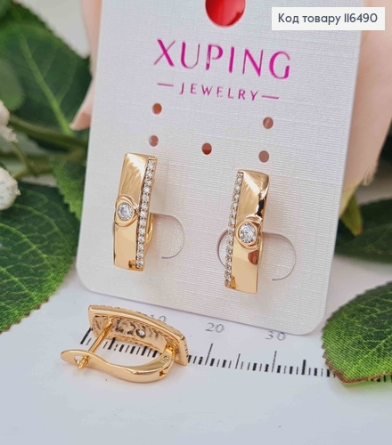 Серьги пластинки, с линией камешков и круглым камешком в оправе, 1,7см, англ. зам. Xuping 18K 116490 фото 1