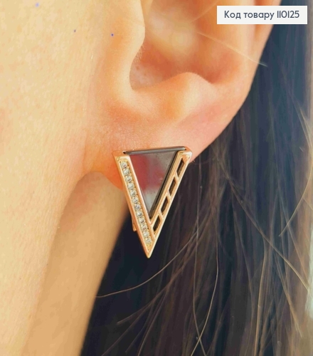 Серьги "Треугольнички" с Черной эмалью и Блестящими камешками, 1,6см, англ. застежка, XUPING 18К 110125 фото 2