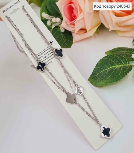 Цепочка двойная серебряного цвета, "Van Cleef" с черной эмалью, 45+5см сталь Stainless Steel 240543 фото 1