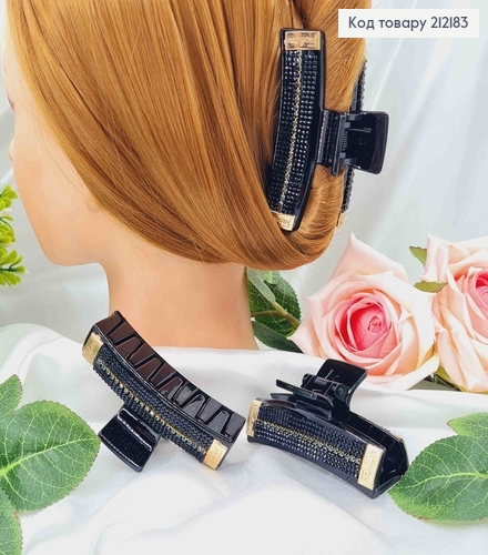 Краб пластик, прямоугольный, черный с камешками и золотыми пластинками, 8см. 212183 фото 1