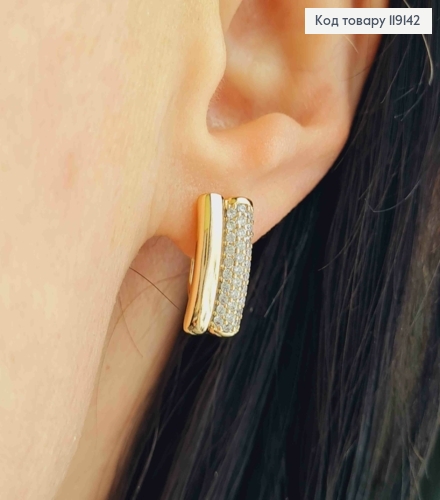 Сережки Прямокутні з Блискучими камінцями в три ряди, 1,6см, англійська застібка, Xuping 18К 119142 фото 2