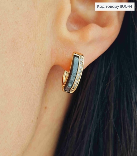 Серьги украшены Блестящими камнями и Черной эмалью, длина 1,5см, английская застежка, Xuping 18K 110044 фото 2