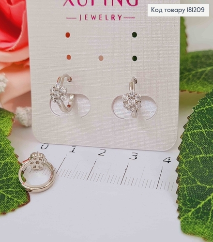 Сережки родовані, кільця 1см, з квіточкою в камінчиках, Xuping 181209 фото 1