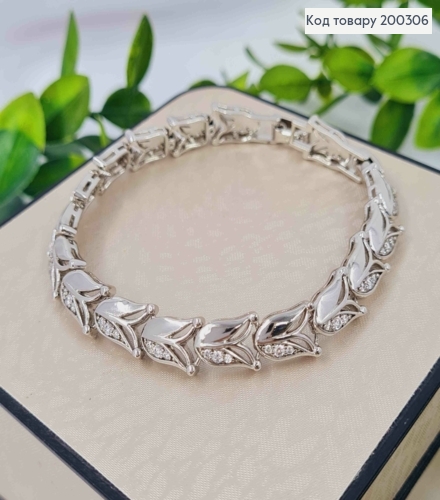 Браслет родований плетіння пластинами "Квітка" з Блискучими камінцями, довж. 17+2см, Xuping 200306 фото 1