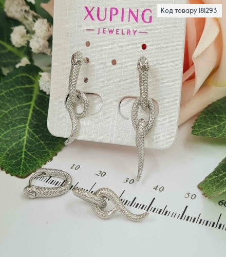 Серьги родованные, Змейки объемные, асимметричные трансформеры, 3см, Xuping 181293 фото 1
