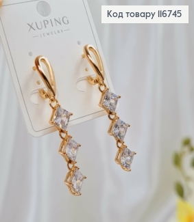 Сережки петельки з підвісками трьома камінчиками, 5см, англ. застібка, Xuping 18K 116745 фото