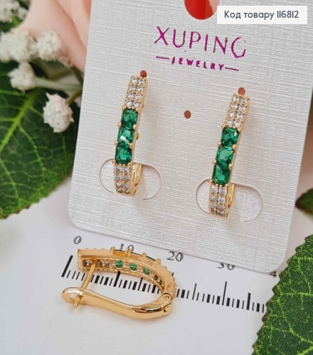Сережки Стрелы, с тремя Зелеными камешками, 2см, англ. зам., Xuping 18K 116812 фото 1