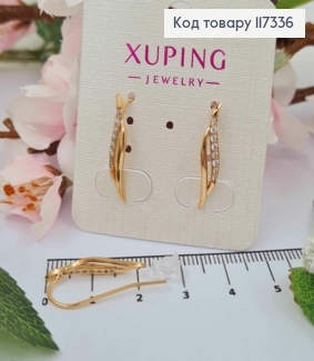 Серьги крючки, Листочки с одной строчкой блестящих камней, дл. 2,3см, Xuping 18К 117336 фото