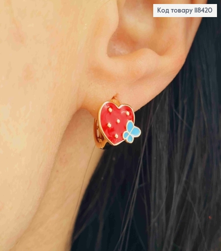 Серьги кольца "Красное Сердце" с Голубой бабочкой, диаметр 1,3см, Xuping 18К 118420 фото 2