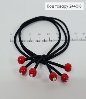 Резинка чорна потрійна  з червоною бусинкою  та камінцем  244018 фото
