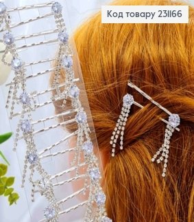 Набор невидимок (2шт), с блестящим круглым/квадратным камнем и подвеской, серебряного цвета, 4,8см. 231166 фото