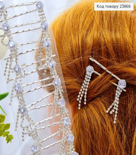 Набор невидимок (2шт), с блестящим круглым/квадратным камнем и подвеской, серебряного цвета, 4,8см. 231166 фото 1