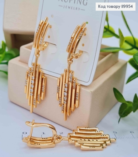Серьги "Грация" украшены Блестящими камешками, длина 1,9+3,1см, английская застежка, Xuping 18K 119954 фото 1