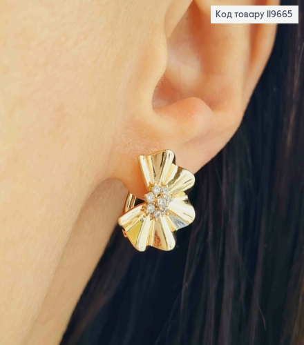 Серьги "Цветочек" с Блестящими камешками, длина 1,6см, английская застежка, Xuping 18К. 119665 фото 1