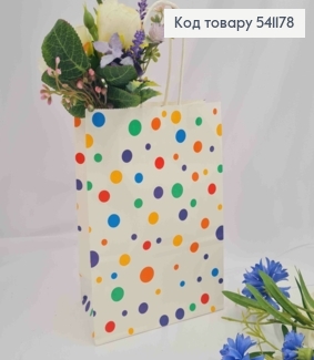 Пакет крафтовый, 16*22*8см, Белый в Цветной горошек. 541178 фото