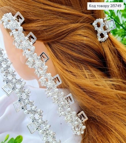 Краб металл "БАНТИК" с Блестящими камешками и Жемчужинами, 2,5 см, Серебряного цвета 215749 фото 1