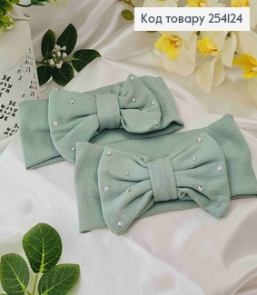 Повязка бант, натуральный трикотаж, МЯТНОГО цвета, в камешках, 18,5*8см, ручная работа, Украина. 275073 фото