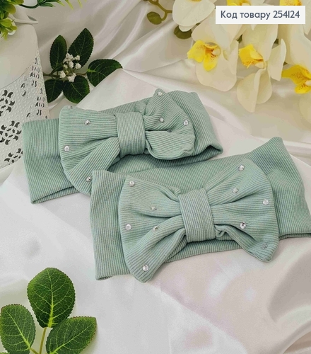 Пов'язка бант, натуральний трикотаж, М'ЯТНОГО кольору, в камінцях,  18,5*8см, ручна робота, Україна 275073 фото 1