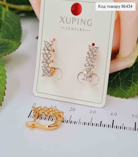 Серьги пластинка, с тремя цветочками из камешков, 1,5см, англ. зам. Xuping 18K 116434 фото 1