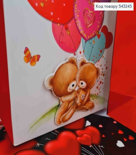 Пакет бумажный с 3D наклейкой "Медвежонок с Воздушными шариками", 23*18*10см, в ассортименте 543243 фото 2