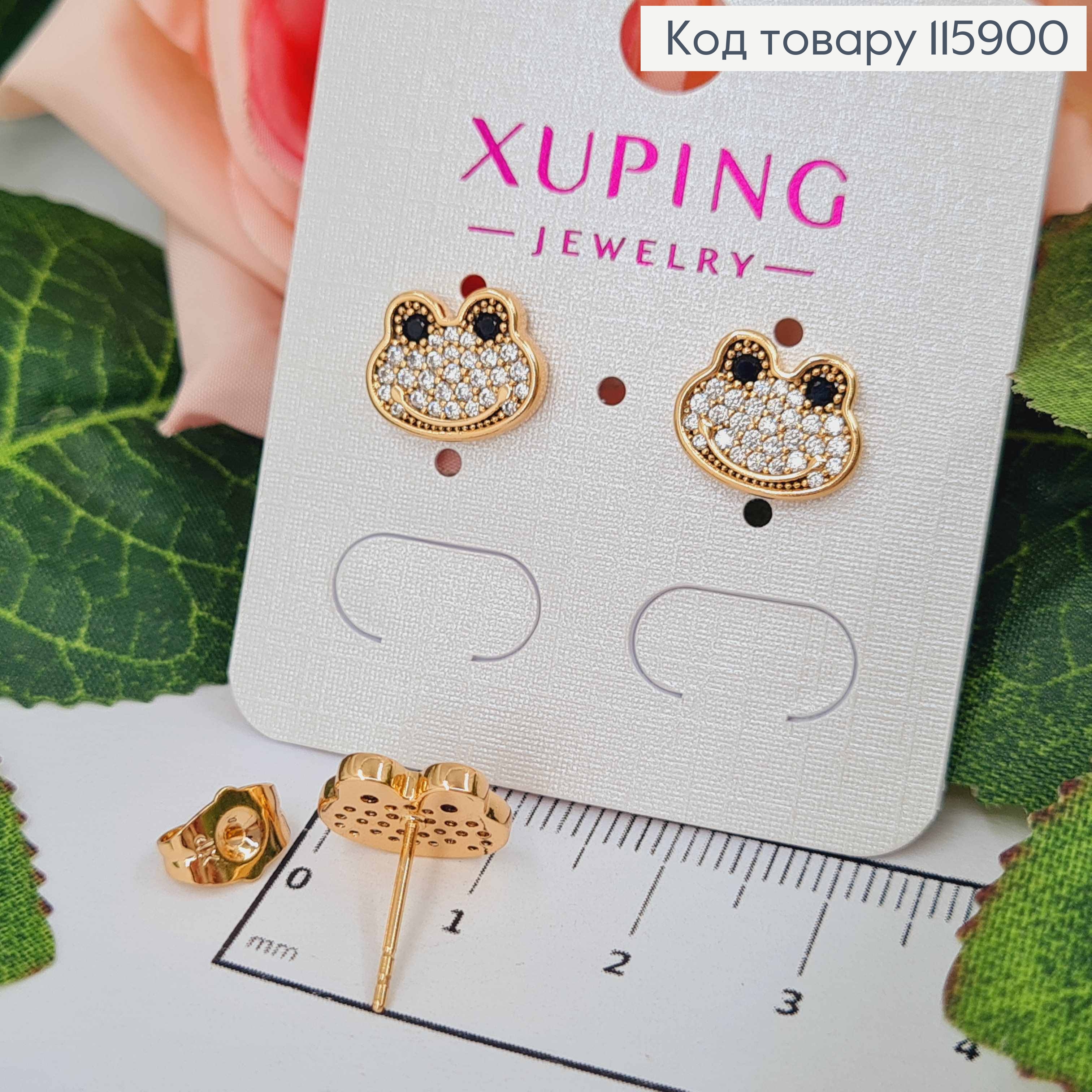 Сережки гвоздики, "Жабка", мордочка жабки в камінцях, 1см, Xuping 18K 115900 фото 2