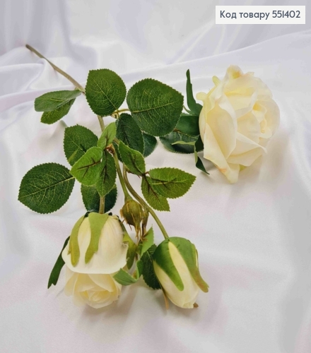 Искусственная ветвь Розы, БЕЛОГО цвета, 2 цветочка и 1 бутоны, высотой 66см 551402 фото 1