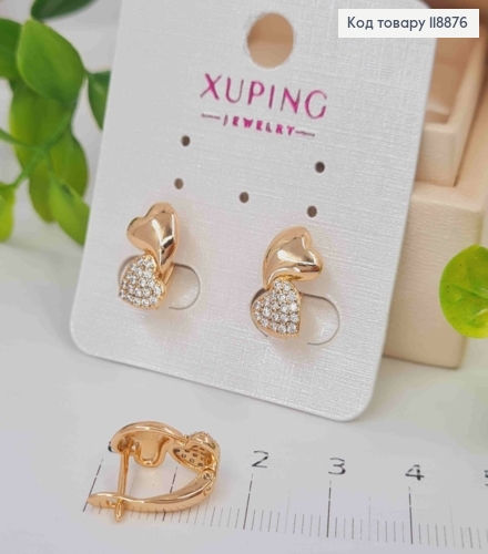 Серьги "Двойное Сердце" украшены Блестящими камешками, 1,4см, английская застежка, Xuping 18К 118876 фото 2