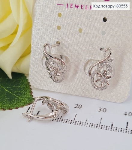 Серьги родированные Нота счастья с цветочком и камнями, английская застежка 1.7 см, Xuping 180553 фото 1