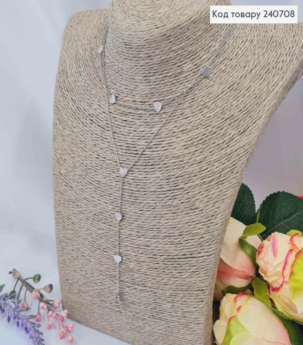 Цепочка серебряного цвета двойная с Сердечками и удлинителем, 46+5см, сталь Stainless Steel 240708 фото 1