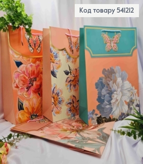 Пакет бумажный с принтом "Цветы и бабочка в стразах", 42*31*12см, в ассортименте 541212 фото