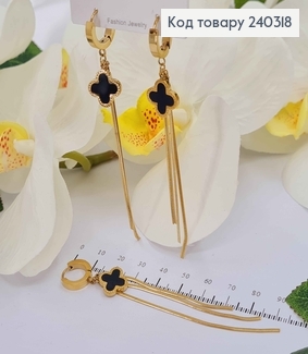 Серьги кольца, с подвеской четырёхлистниками черная эмаль и ниточками 6см, сталь Stainless Steel 240318 фото