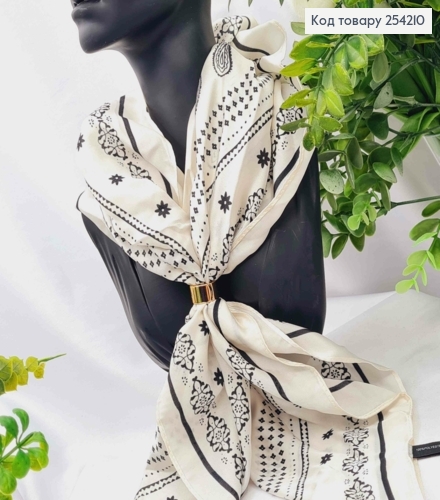 Хустка з колечком, Кремово-Молочного кольору з малюнком, 70*70см, 100% поліестр (шовк) 254210 фото 1