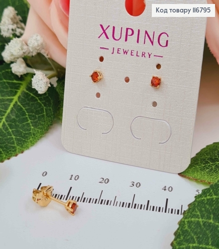 Сережки гвоздики, з Червоним камінцем, 3мм, Xuping 18K 116795 фото 1