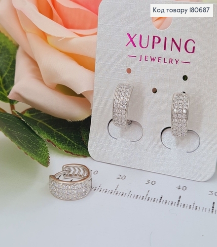 Сережки родированые кольца с тремя рядами камней, 1,2*0,5см, Xuping 180687 фото 1
