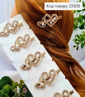 Заколка стрела металл "Сердце" с Камешками и Жемчужинками, 6*3см, Золотого цвета 233135 фото