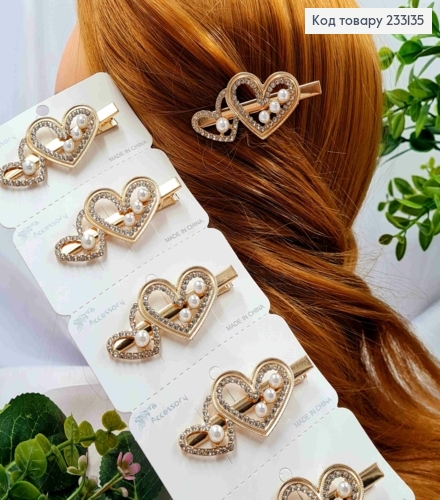 Заколка стрела металл "Сердце" с Камешками и Жемчужинками, 6*3см, Золотого цвета 233135 фото 1