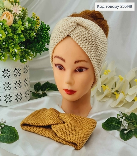 Пов'язка чалма, В'язана, 20*9 см, кольори Молочна/Пісочна в асорт. 255148 фото 1