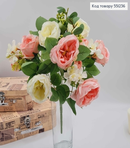 Композиция "Букет РОЗОВЫХ и БЕЛЫХ пионов с зелеными ягодками и яблоневым цветом", высотой 46см 551236 фото 1