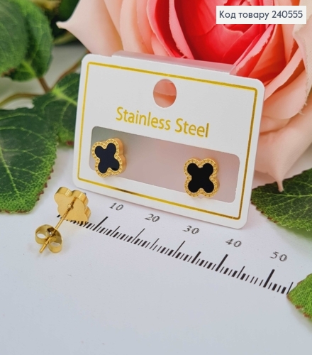 Серьги гвоздики лимонного цвета с черной эмалью "Van Cleef", 1см, сталь Stainless Steel 240555 фото 1