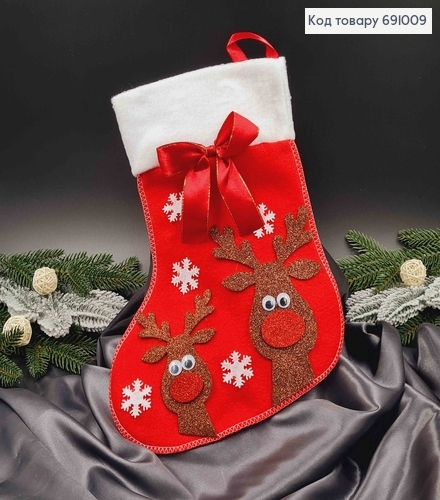 Чулок Рождественский, Красного цвета, со снежинками и оленями, 30*21см 691009 фото 1