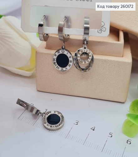 Набор серьга кольца "Римские часы" с черной эмалью, серебряного цвета, сталь Stainless Steel 260172 фото 2
