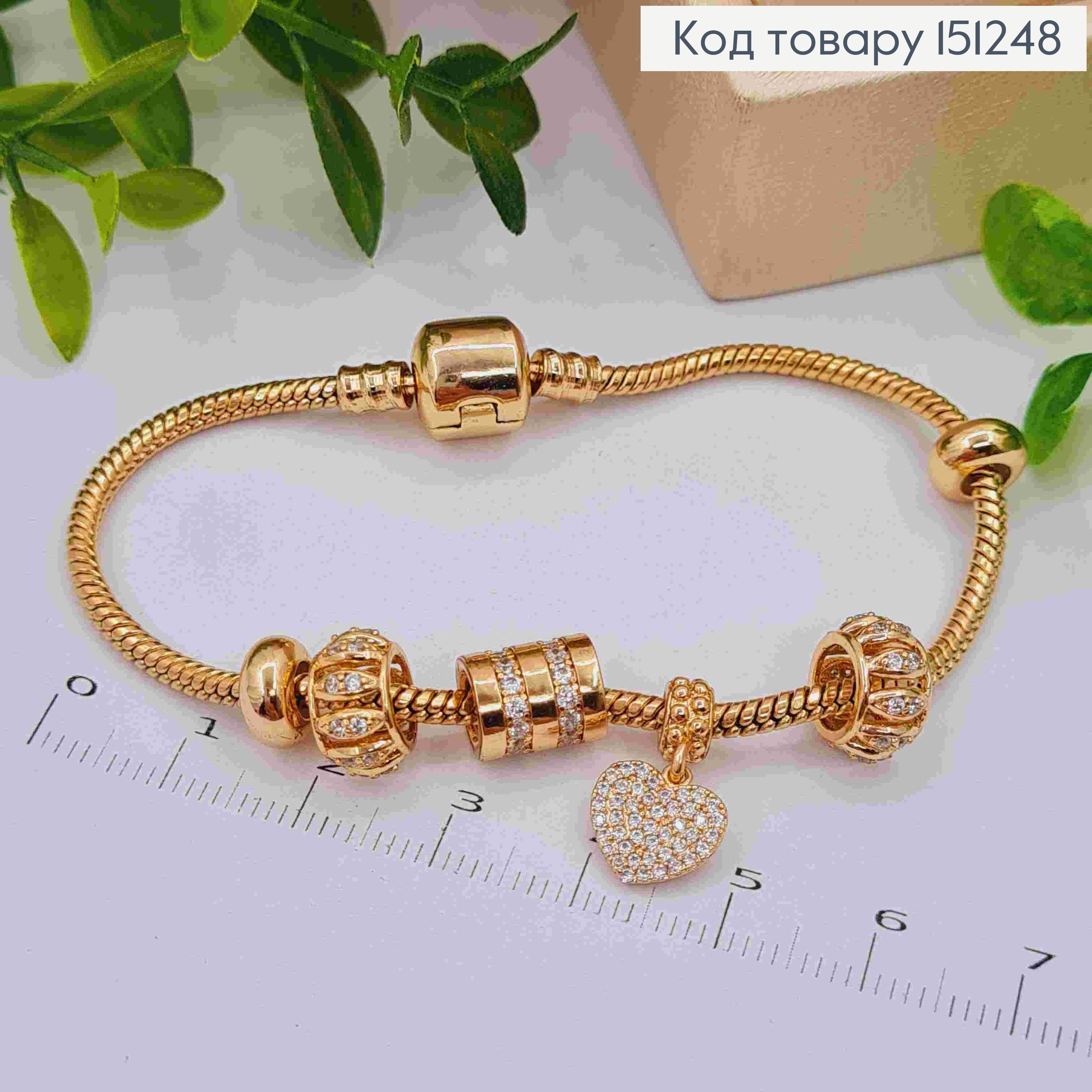 Браслет "Пандора" с Шармиком и Сердцем в Блестящих камнях, длина 19см, Xuping 18К 151248 фото 2