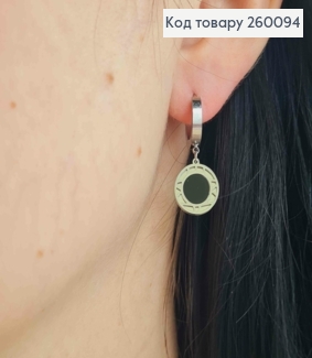 Серьги кольца (1,3см) с Монеткой из Черной эмали, серебряного цвета 1,2см, сталь Stainless Steel 260094 фото