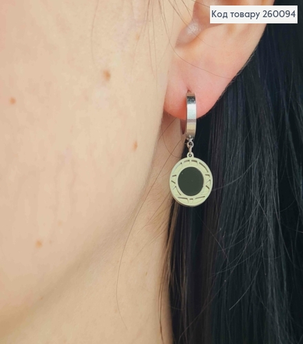 Серьги кольца (1,3см) с Монеткой из Черной эмали, серебряного цвета 1,2см, сталь Stainless Steel 260094 фото 1